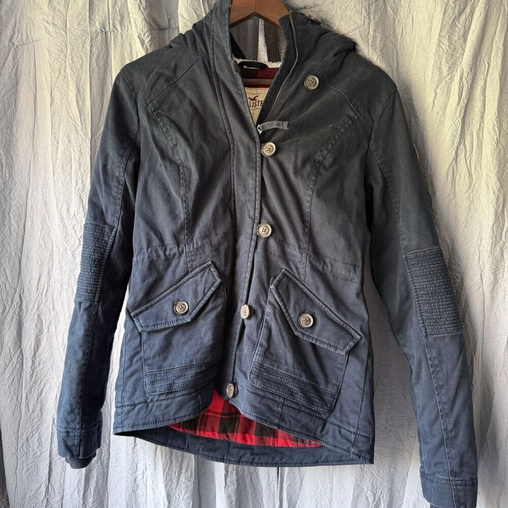 Hollister Womens Utility Jacket Navy Blue Size S Flannel Lined Sherpa Hood Cargo